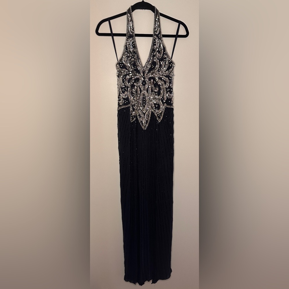 Elegant Vintage Navy Blue Long Silver Beaded Dress